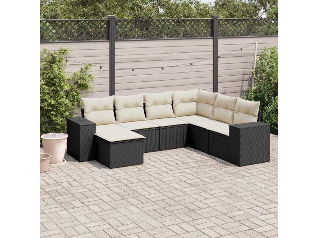 7-piece garden furniture set with cushions, black woven resin, 28430XNXP