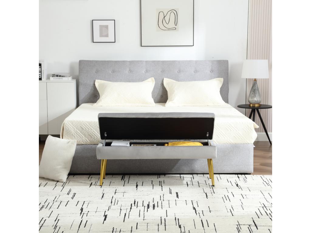 Storage bench 111x35x44.5cm with gold metal legs for living room, entryway, or bedroom, upholstered in light grey velvet 43685QHSS