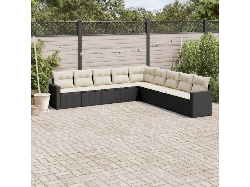 9-piece garden furniture set with cushions, black woven resin