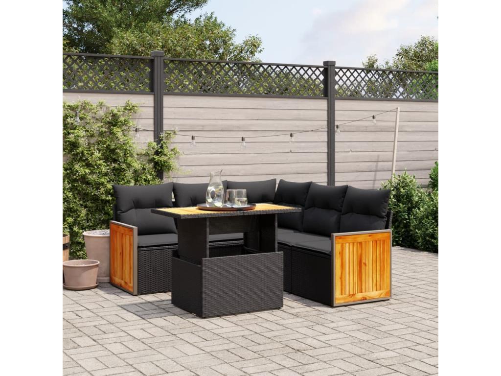 6-piece garden furniture set with cushions, black woven resin