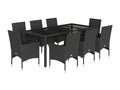 9-piece black rattan and glass garden dining set and cushions