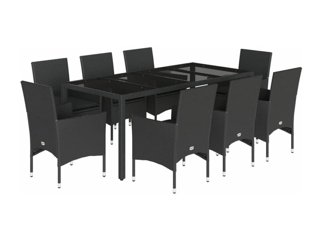 9-piece black rattan and glass garden dining set and cushions