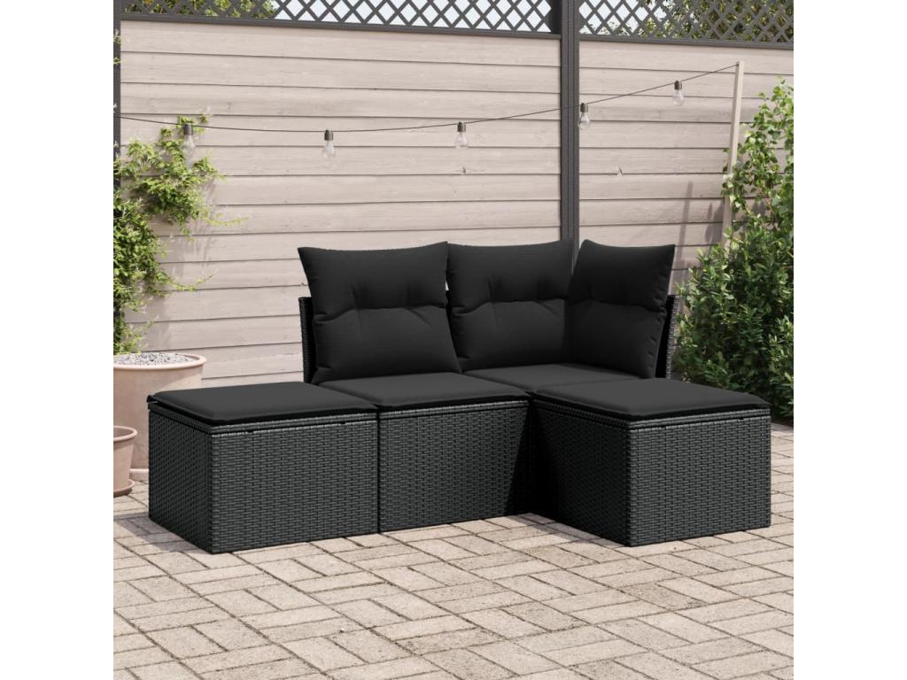 4-piece garden furniture set with cushions, black resin wicker 04915DPBH