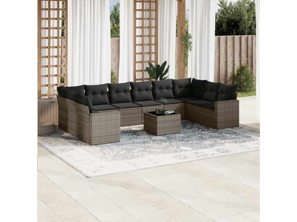11-piece garden furniture set with grey resin wicker cushions 36241AQQK