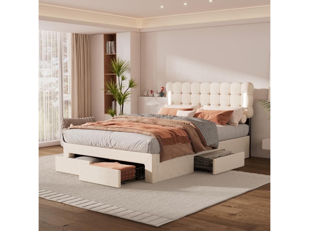 Double bed 140x200cm upholstered bed with 4 drawers, slatted base by Bohometop and beige velvet LED headboard 68014HXFO