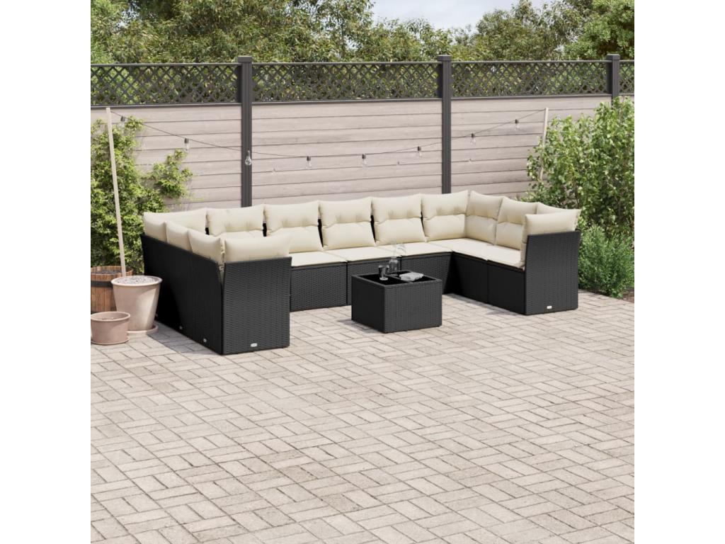 11-piece garden furniture set with cushions, black resin wicker, 38395ZHVC