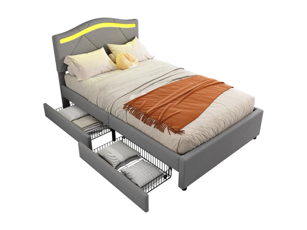 Upholstered bed 90x200 cm with adjustable headboard - linen fabric - LEDs - grey color