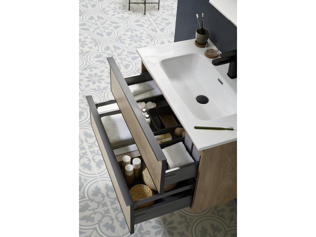 Bathroom vanity unit with 2 suspended drawers in Nordic oak finish with molded top - Length 80 x Height 50 x Depth 46 cm 29600OLEH