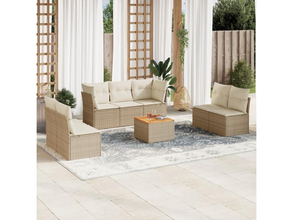 8-piece garden furniture set with cushions, beige wicker resin, 99560MLWY