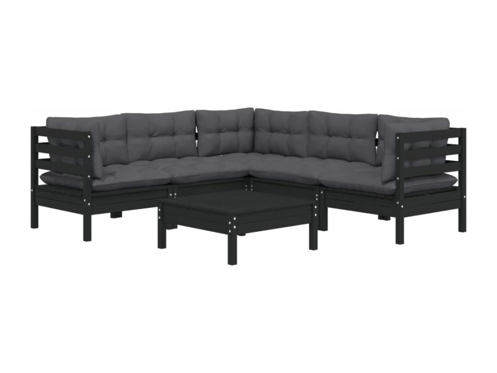 6-piece garden furniture set with cushions, black, solid pine wood, 46052YVJR