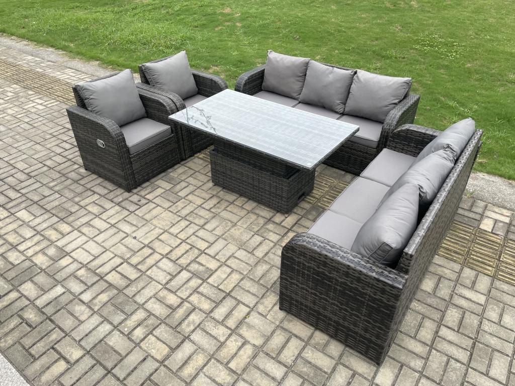 Rattan garden dining set with height-adjustable dining table, 2 reclining chairs, and 2 sofas. MéBohometop dark grey 54319RXYV