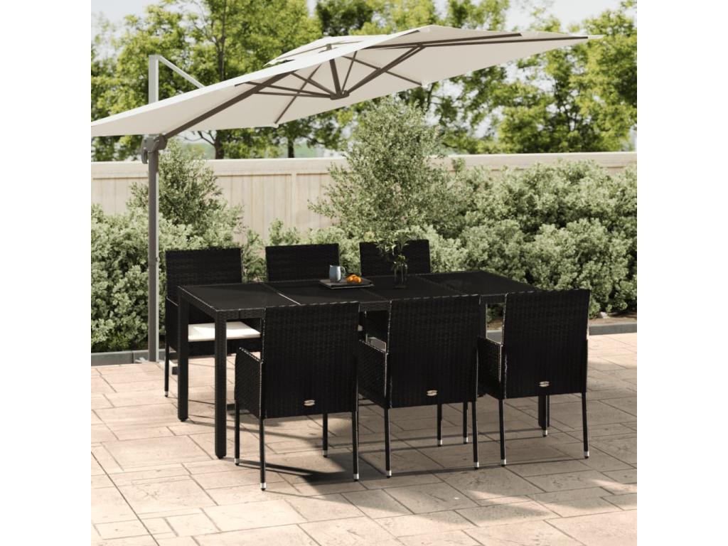 7-Piece Garden Dining Set with Cushions, Black Wicker Resin 17708SFSQ