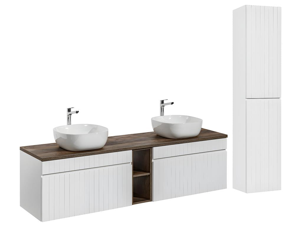 Bohometop White and Wood 180cm Double Vanity Unit with 2 Niches and Tall Cabinet 03866VPPT