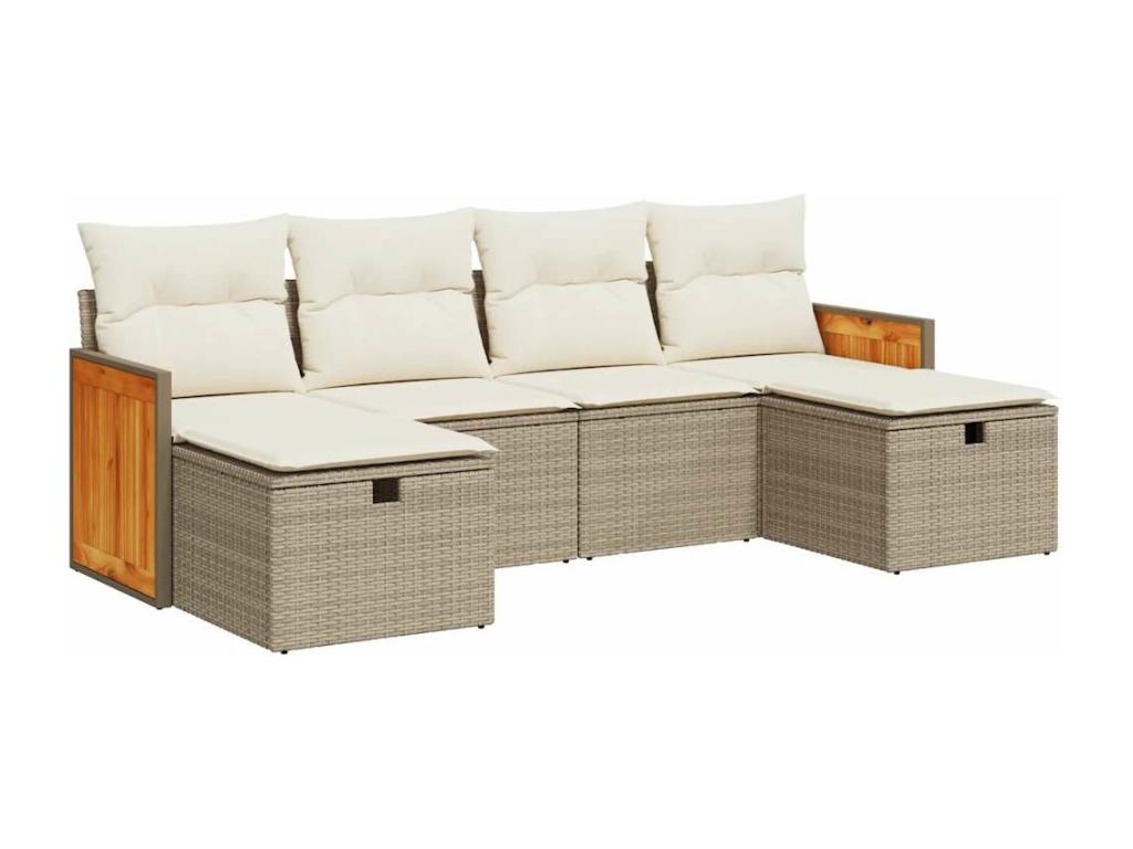 6-piece garden furniture set with cushions, beige woven resin, 52292ZVKH