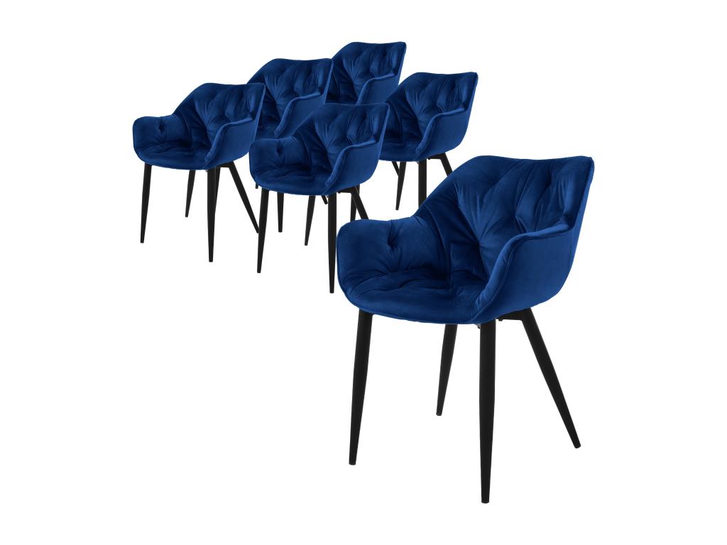 Set of 6 dining chairs with dark blue velvet seats and black metal legs 74681ZTBB