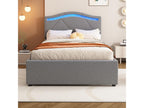 Upholstered bed 90x200 cm with adjustable headboard - linen fabric - LEDs - grey color