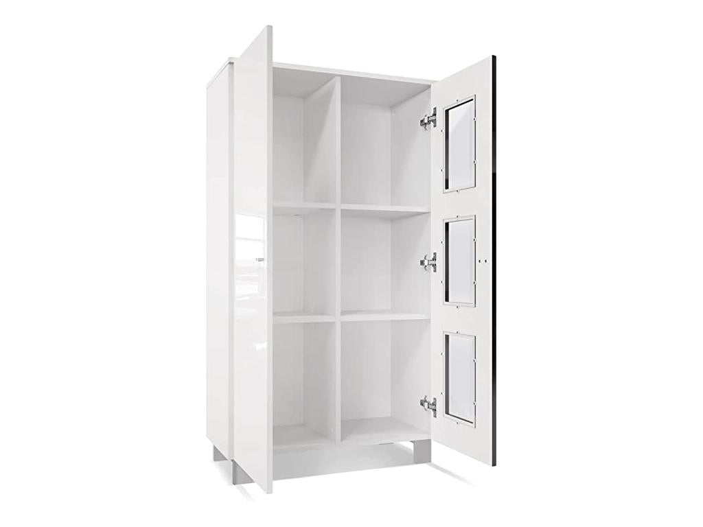 Bohometop freestanding display cabinet with 2 doors and 3 glass panes, matte white/high-gloss white/concrete effect, 71x129x35 cm, 85915GVBB