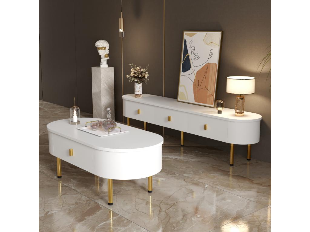 Modern TV stand and coffee table set - 174x35x41 cm 108x50x40 cm - MDF wood and gold legs - White 49712GAWU