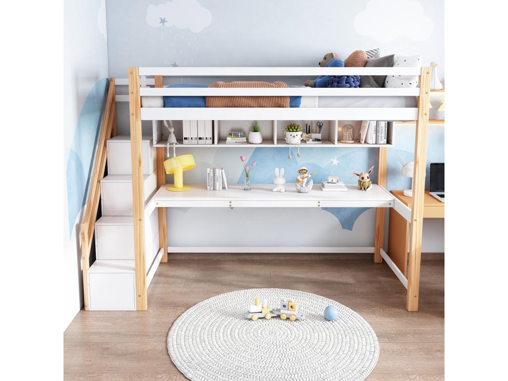 Loft bed 90x200 cm with desk, shelves and 4 drawers - pine wood - natural and white color 40368ZRMH