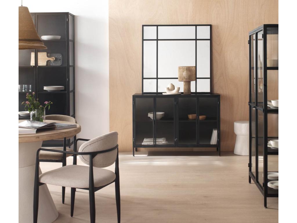 Buffet with glass doors and sides, black metal frame