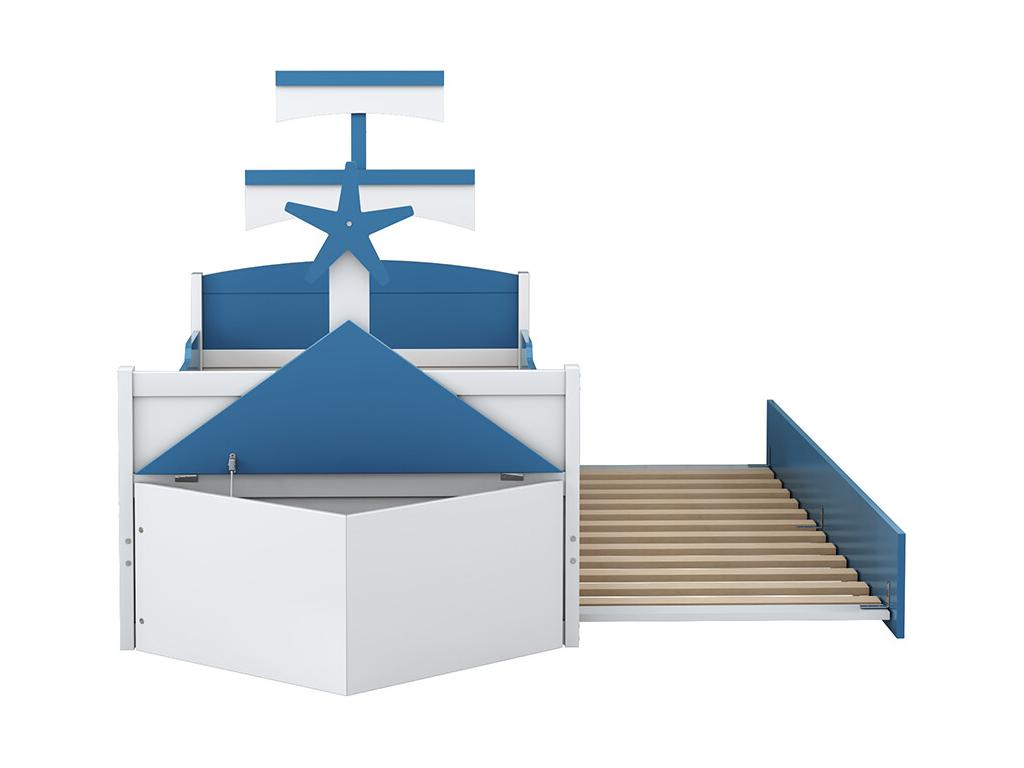 Children's bed, 90x200 cm, single bed in the shape of a sailboat with an extendable bed and storage cupboard at the foot of the bed, blue 00310GXJN