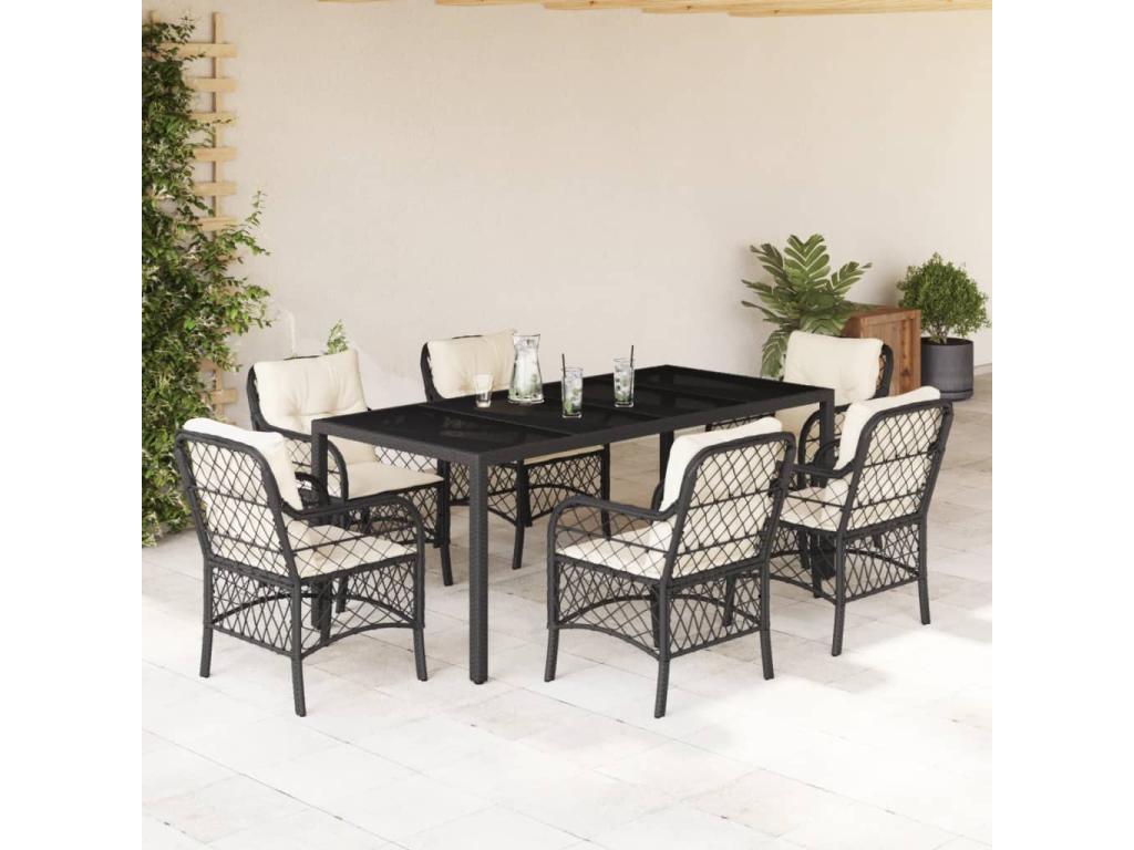 7-Piece Garden Dining Set with Cushions, Black Wicker Resin 78368SJDR