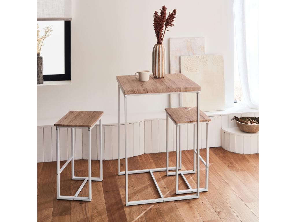 Square high table set - Bohometop - with 2 bar stools - steel and wood finish - stackable - design 46917NAOL