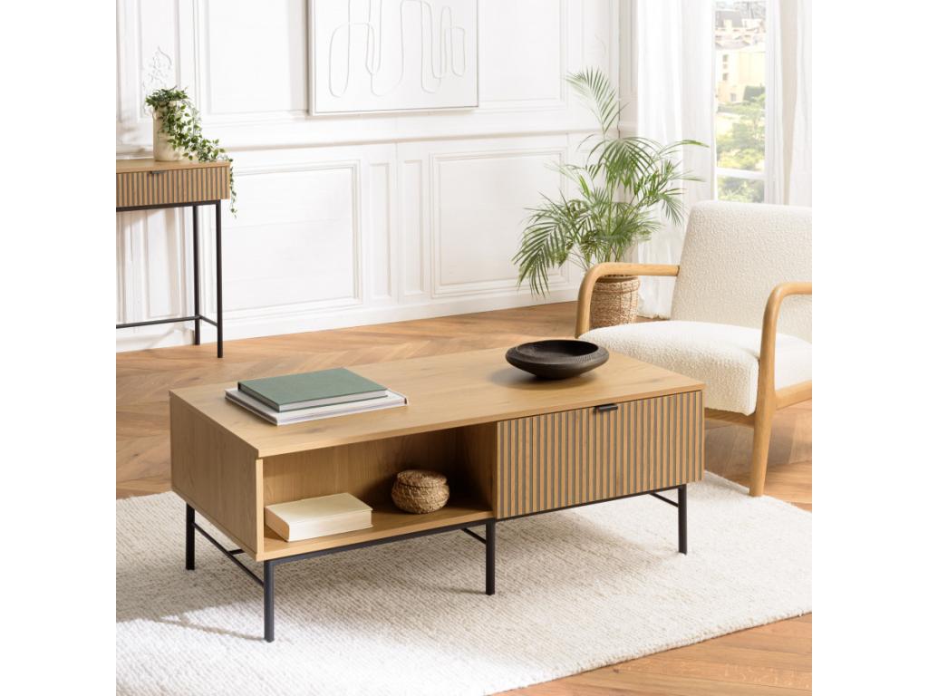 Bohometop - Coffee table with 2 drawers, black/natural grooved wood effect finish 58212UVDD