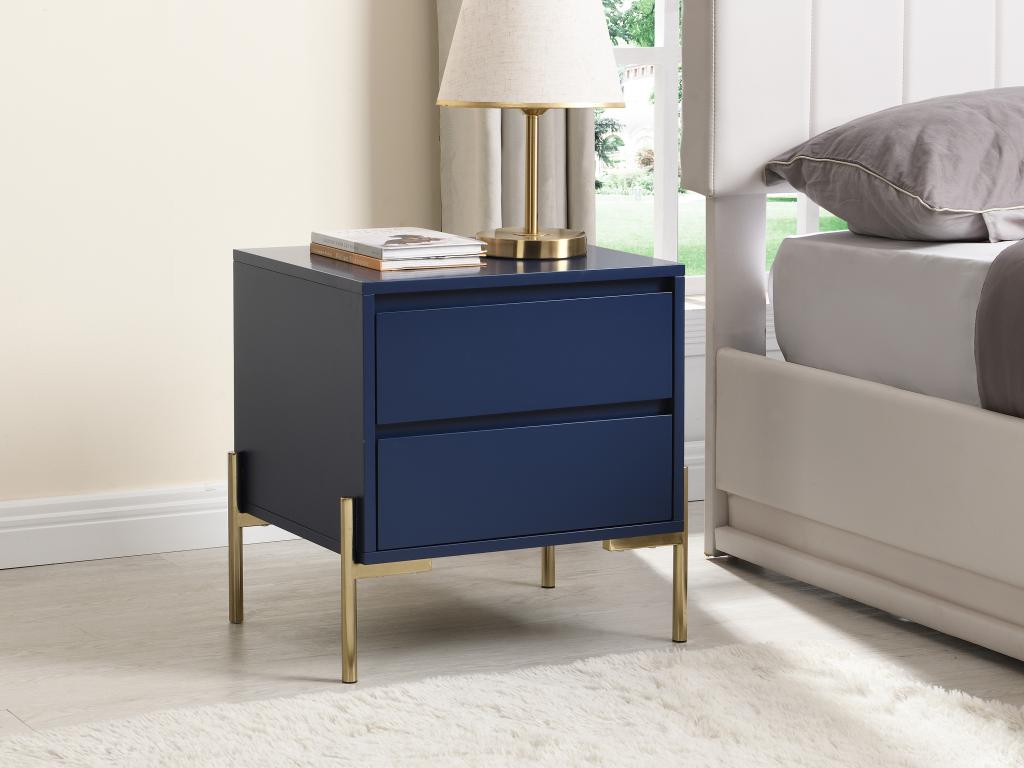 Bedside table with 2 drawers - MDF and metal - Blue lacquer and gold - Bohometop 76920EUGD