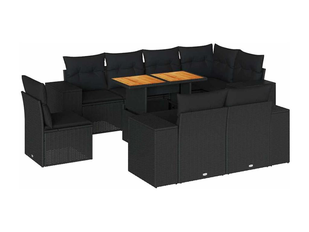 9-piece garden furniture set with cushions, black resin wicker, 59348VOZY