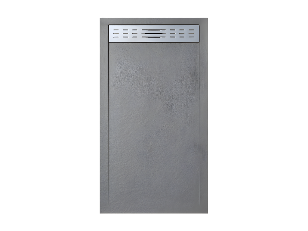 80x150 cm Bohometop shower tray with side grate, grey Ral 7037, made of synthetic resin and marble powder, with drain 12760CSPB