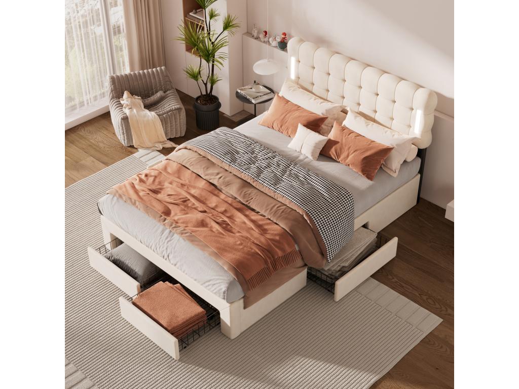 Double bed 140x200cm upholstered bed with 4 drawers, slatted base by Bohometop and beige velvet LED headboard 68014HXFO