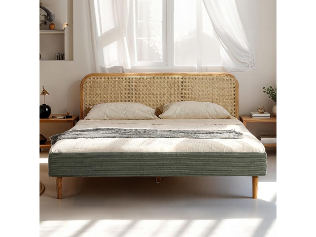 Adult bed 160x200 cm in khaki green corduroy with cane headboard - Bohometop 73252ROPO