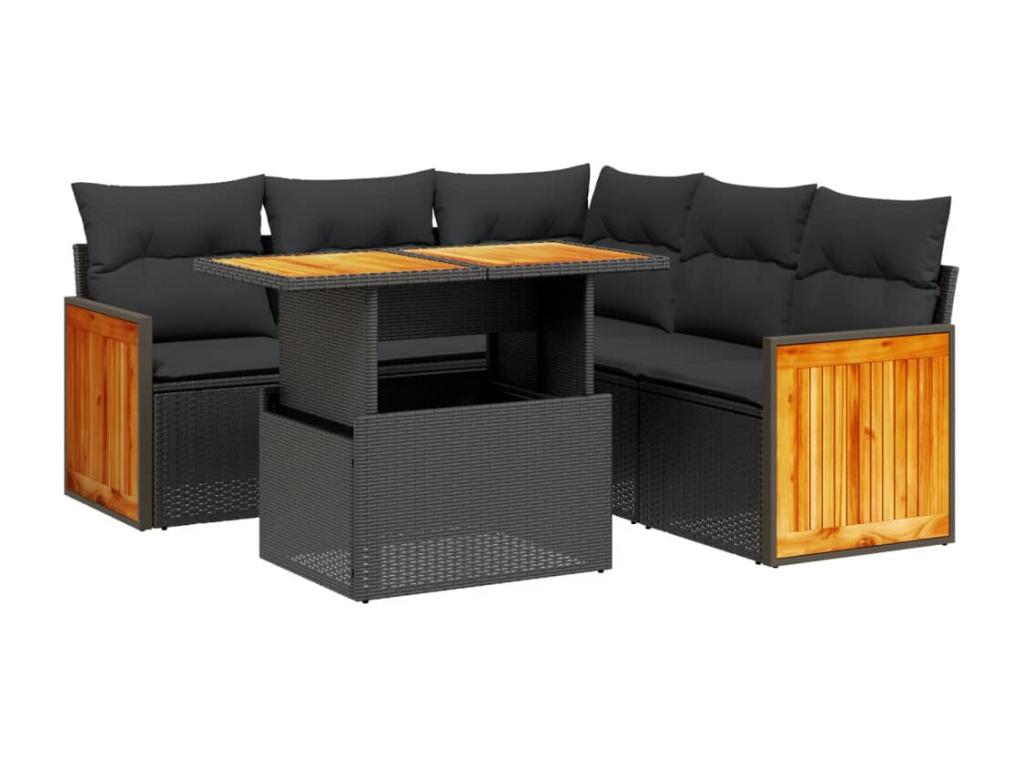 6-piece garden furniture set with cushions, black woven resin