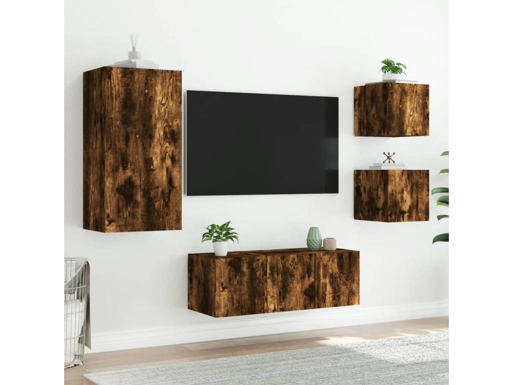 TV wall units with LED, 5 pcs, smoked oak engineered wood, 42349KPYB
