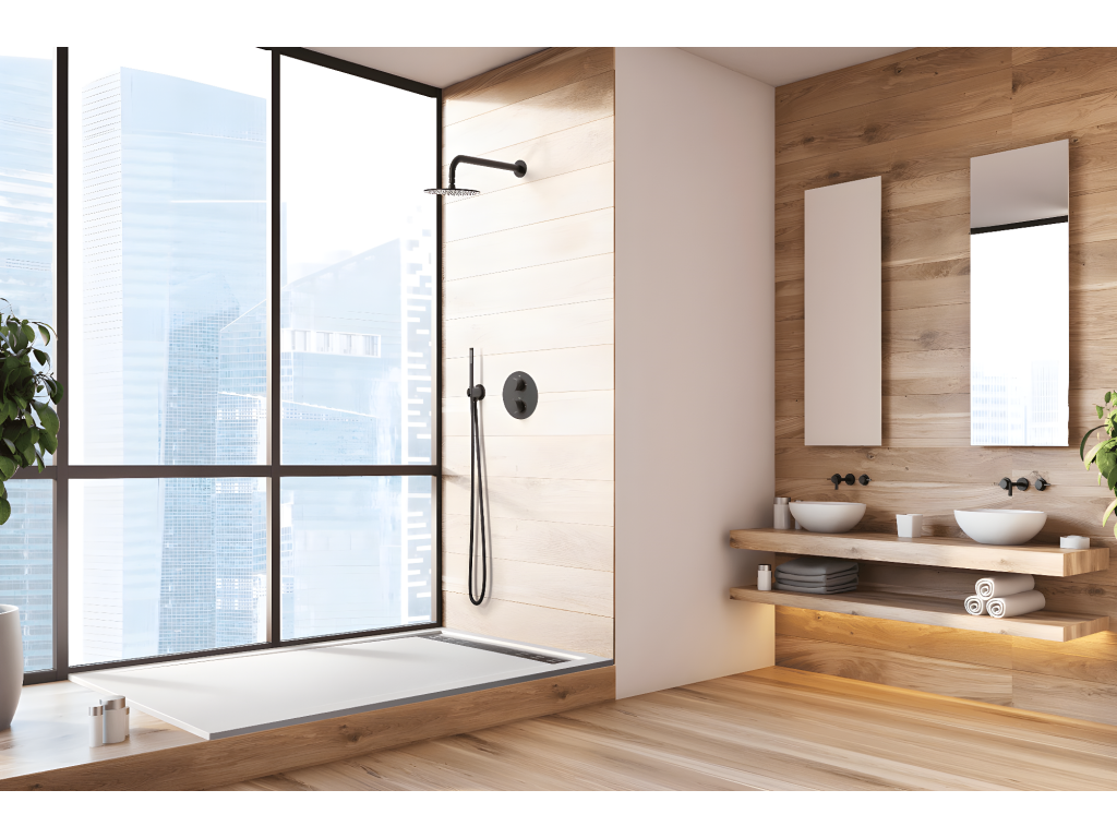 90x110 cm shower tray with side grate, Homelumierenoir, made of synthetic resin and marble powder, with drain