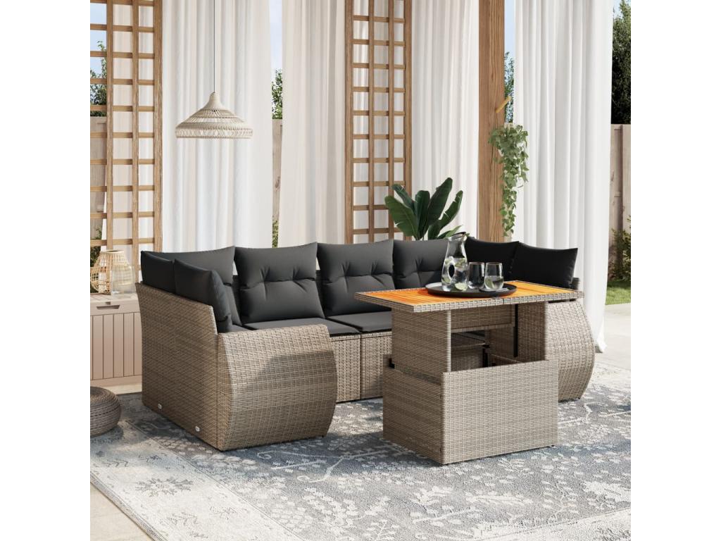 Garden furniture set with cushions, 7 pieces, grey woven resin, 78231AUUL