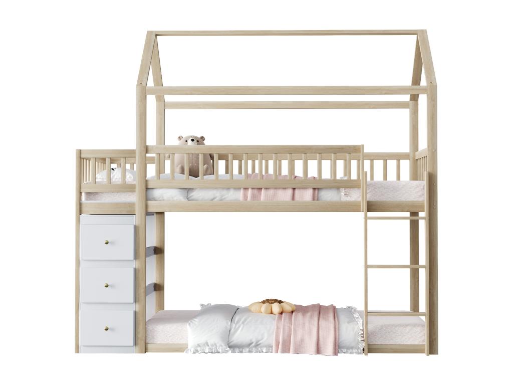 Bunk bed 90x200cm in solid wood - with drawers and shelves - Natural 49385WLWY