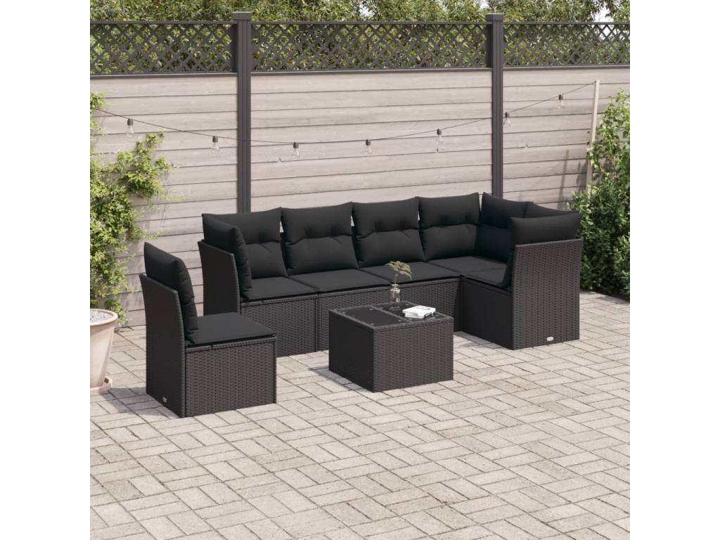 7-piece garden furniture set with cushions, black woven resin 49867CHQF