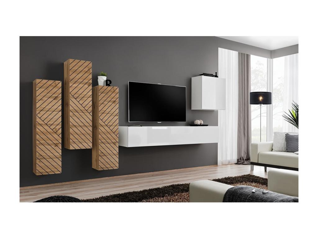 Bohometop living room furniture set in white and oak. Features a glossy finish and a milled oak effect. 53224HWKM