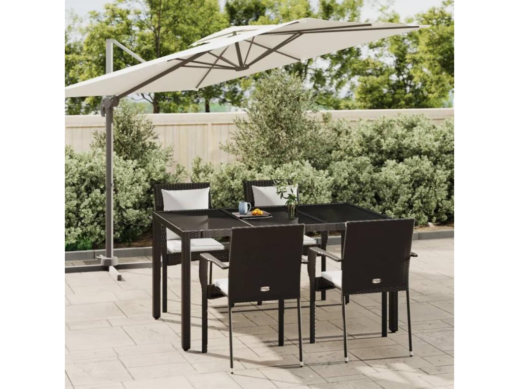 5-piece garden dining set with cushions, black woven resin