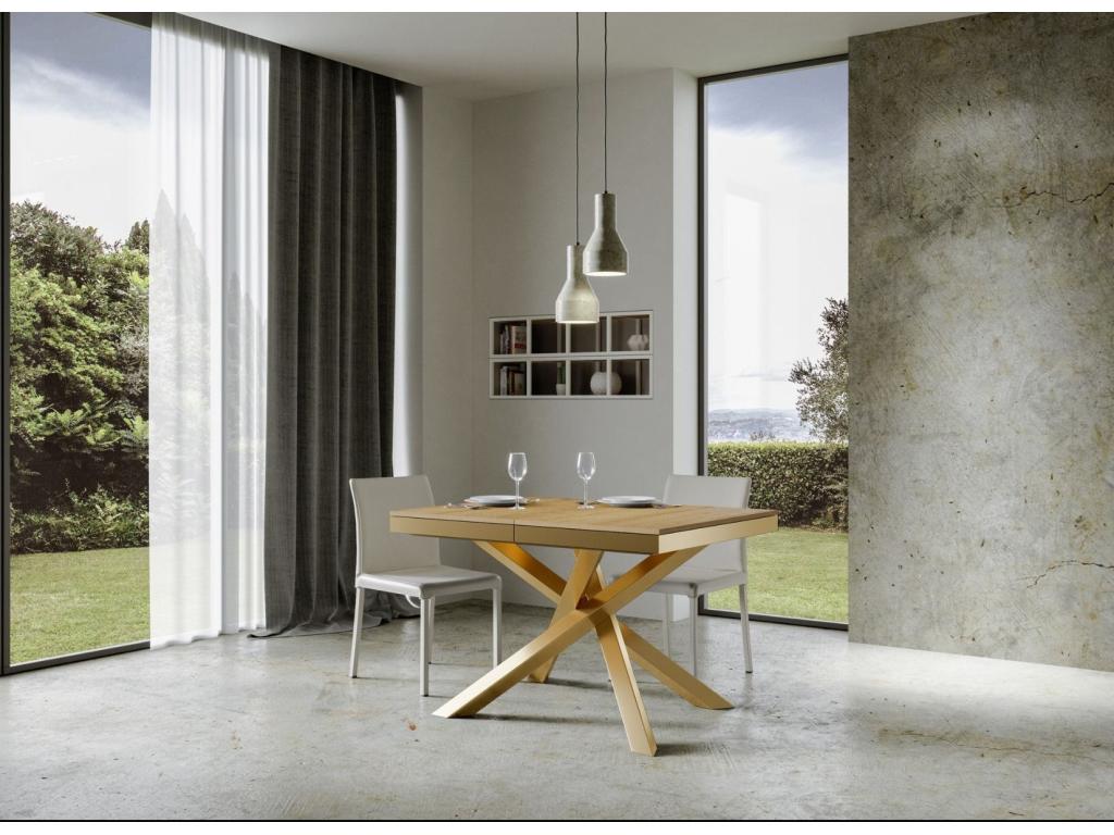 Extendable table for 4 to 8 people, natural oak with gold-tone interlaced legs, L 120 to 224cm, Bohometop 77221JKEE