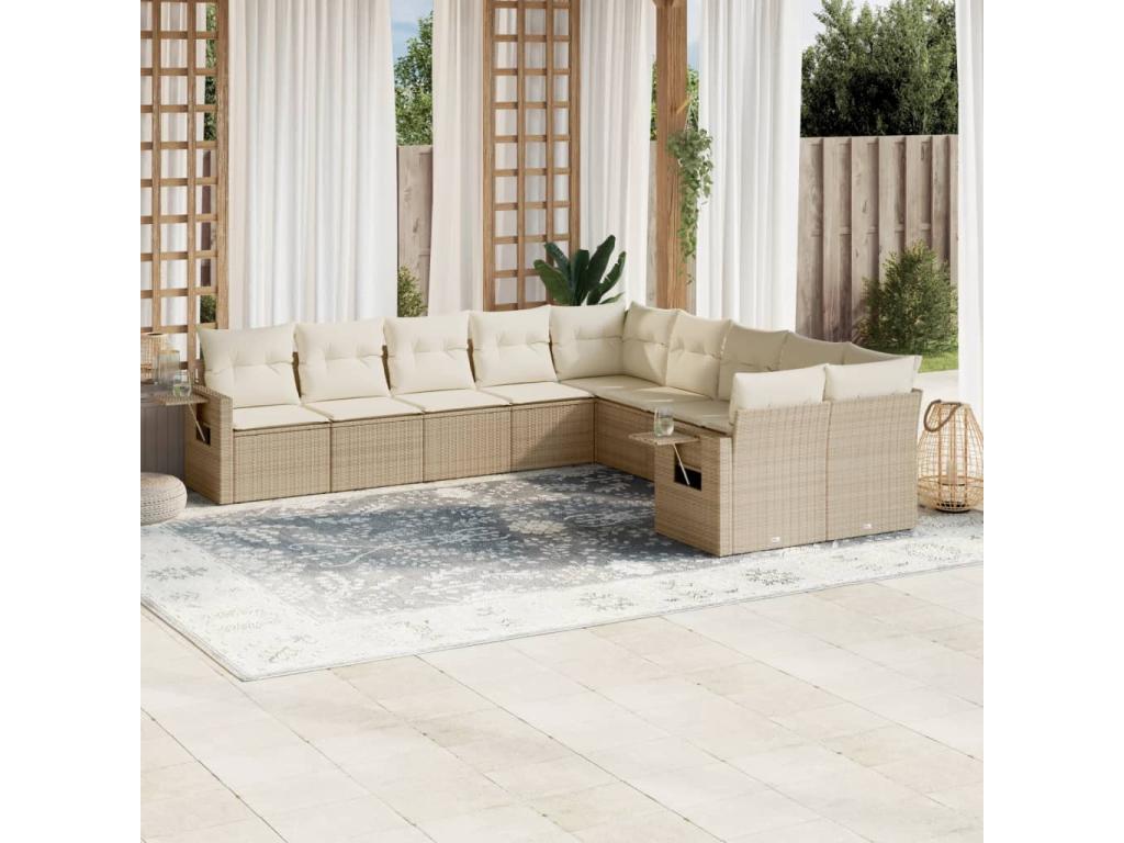 10-piece garden furniture set with cushions, beige woven resin, 31986UFEA