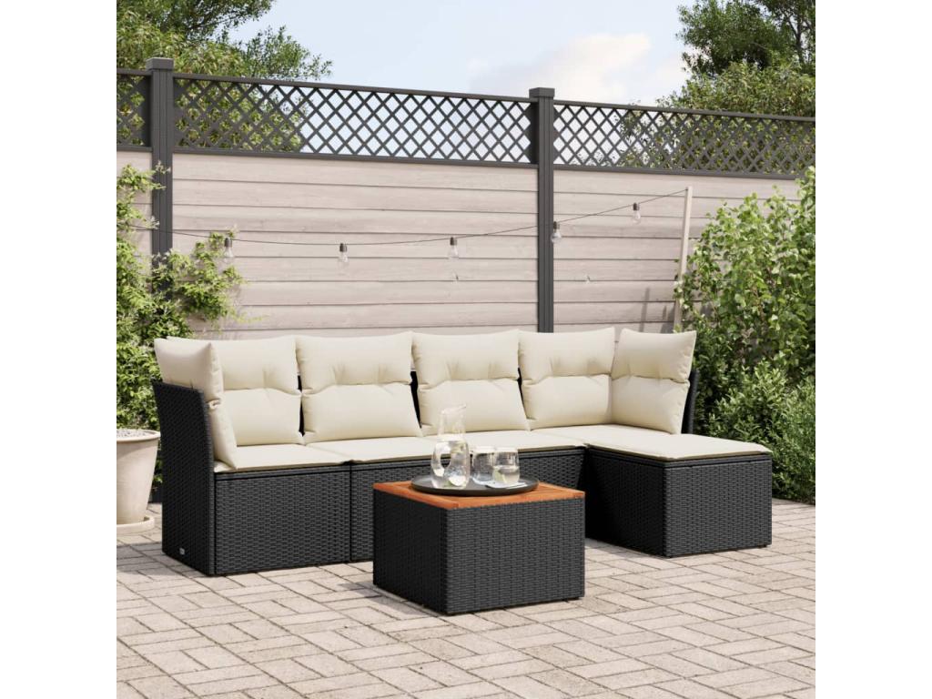 6-piece garden furniture set with cushions, black woven resin, 93271GONA