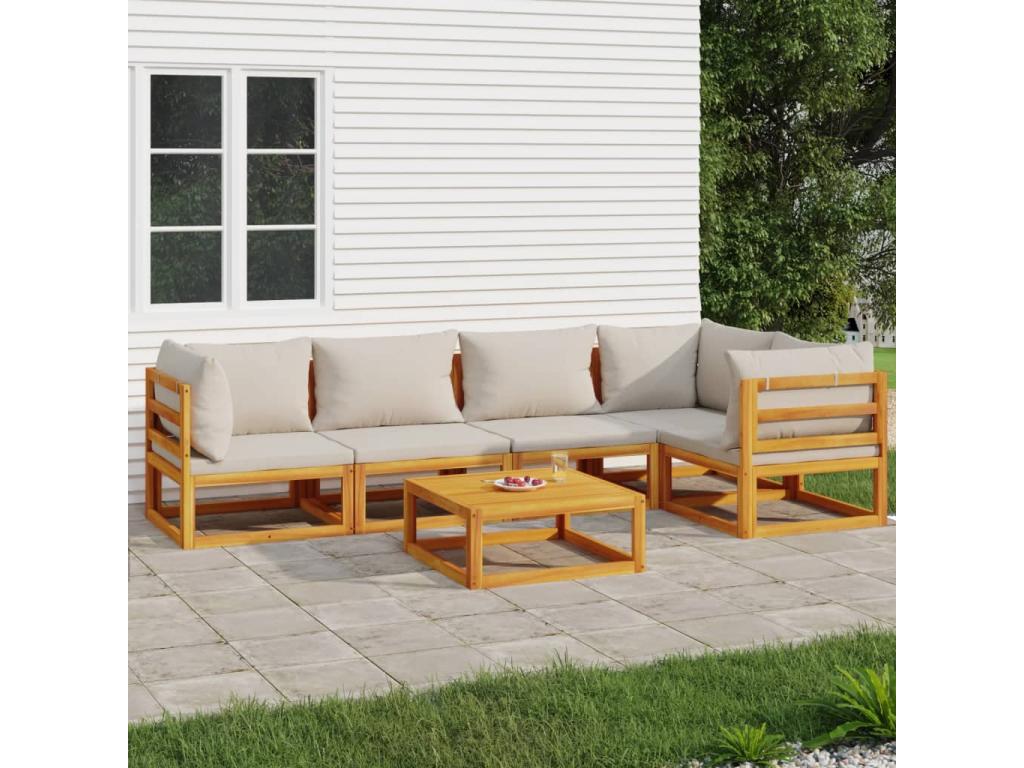 6-piece garden furniture set with light grey cushions, solid wood 14263QWUO