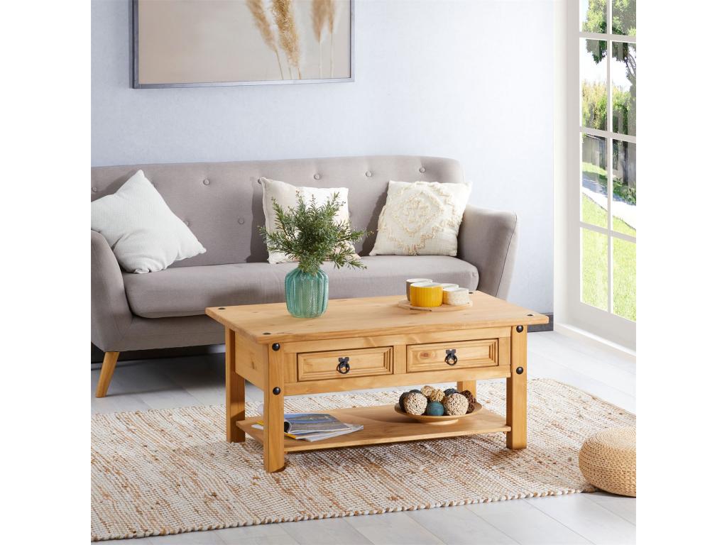 Bohometop rectangular Mexican-style wooden coffee table with 2 solid pine drawers, stained/waxed finish 17358UOLU