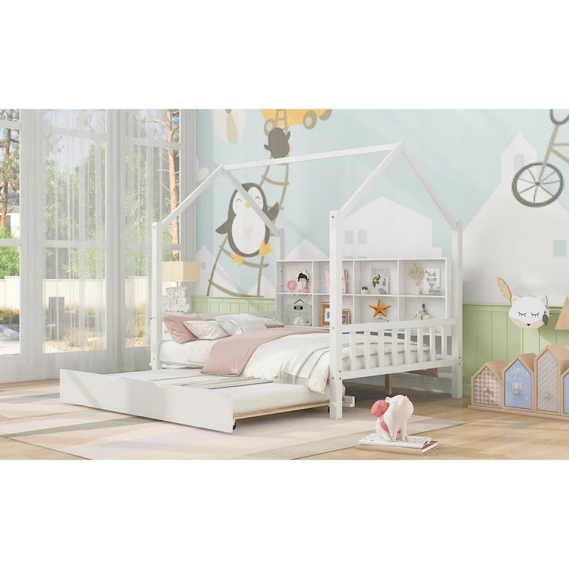 Wooden Full Size House Bed with Trundle,Kids Bed with Shelf