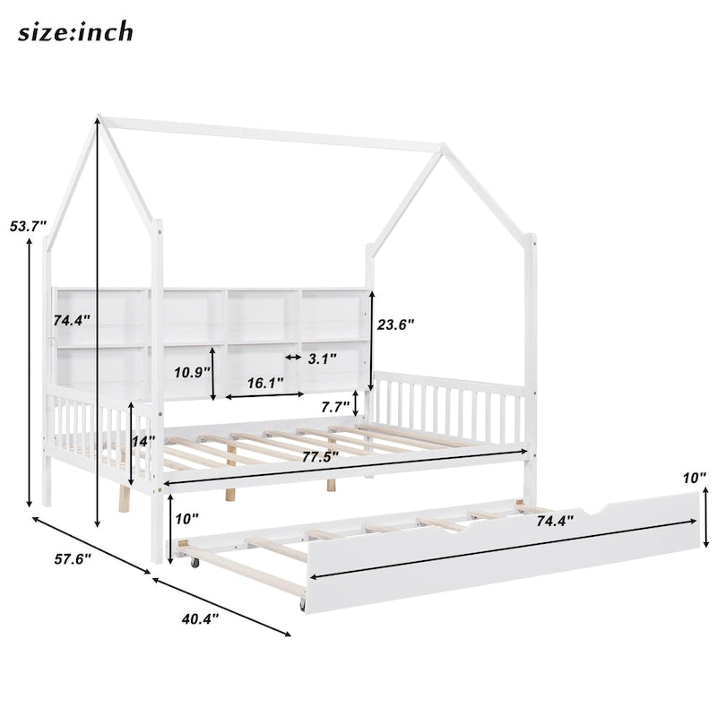 Wooden Full Size House Bed with Trundle,Kids Bed with Shelf