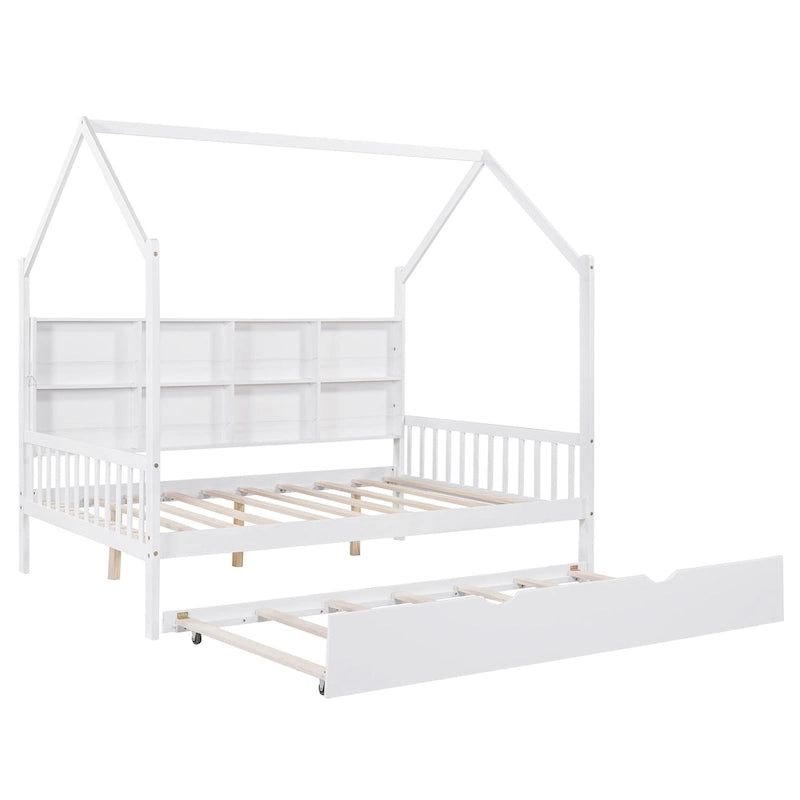 Wooden Full Size House Bed with Trundle,Kids Bed with Shelf
