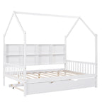 Wooden Full Size House Bed with Trundle,Kids Bed with Shelf